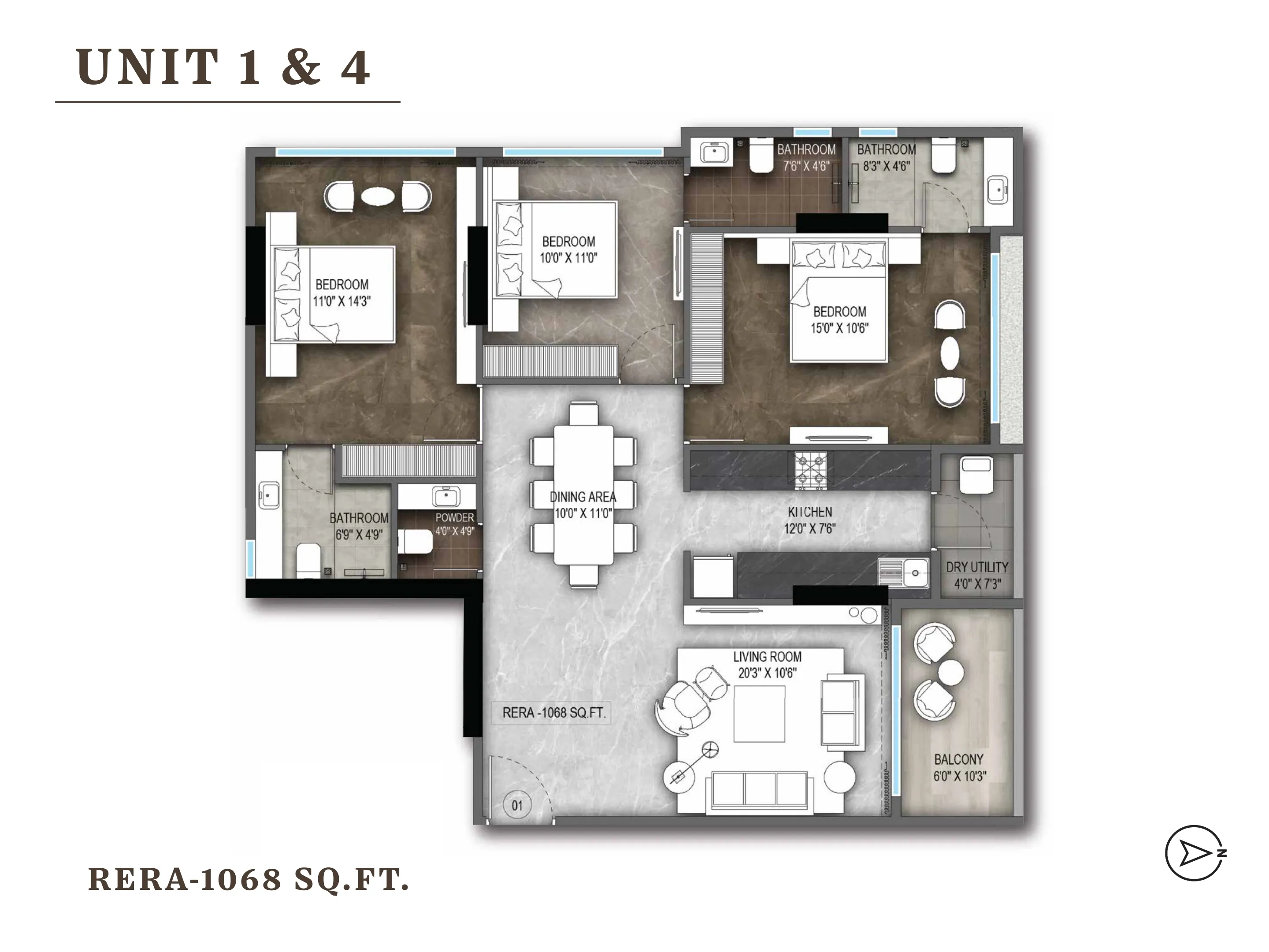 3 BHK - 1068 Sq. Ft.